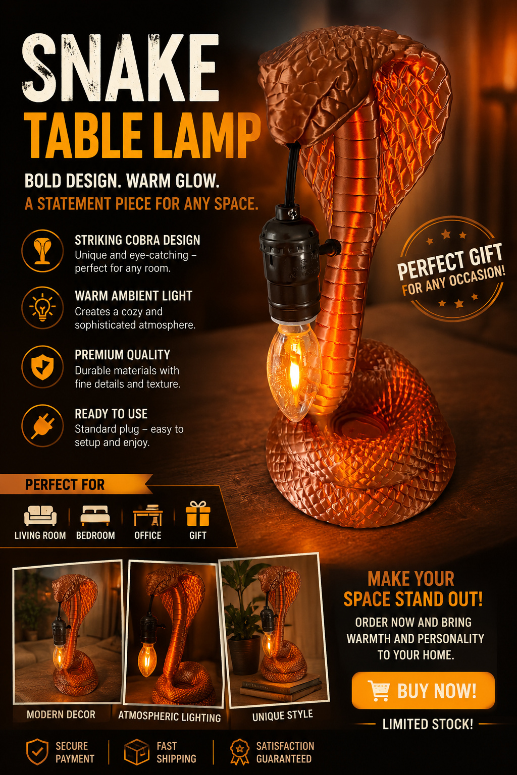 3D Cobra Lamp – Unleash Elegance. Illuminate Power.